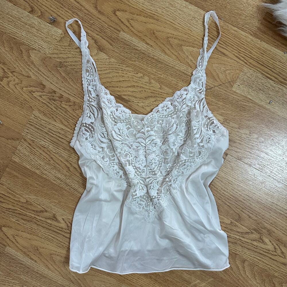 Vintage Vanity Fair Floral Lace Trim Satin Cami White Size 40